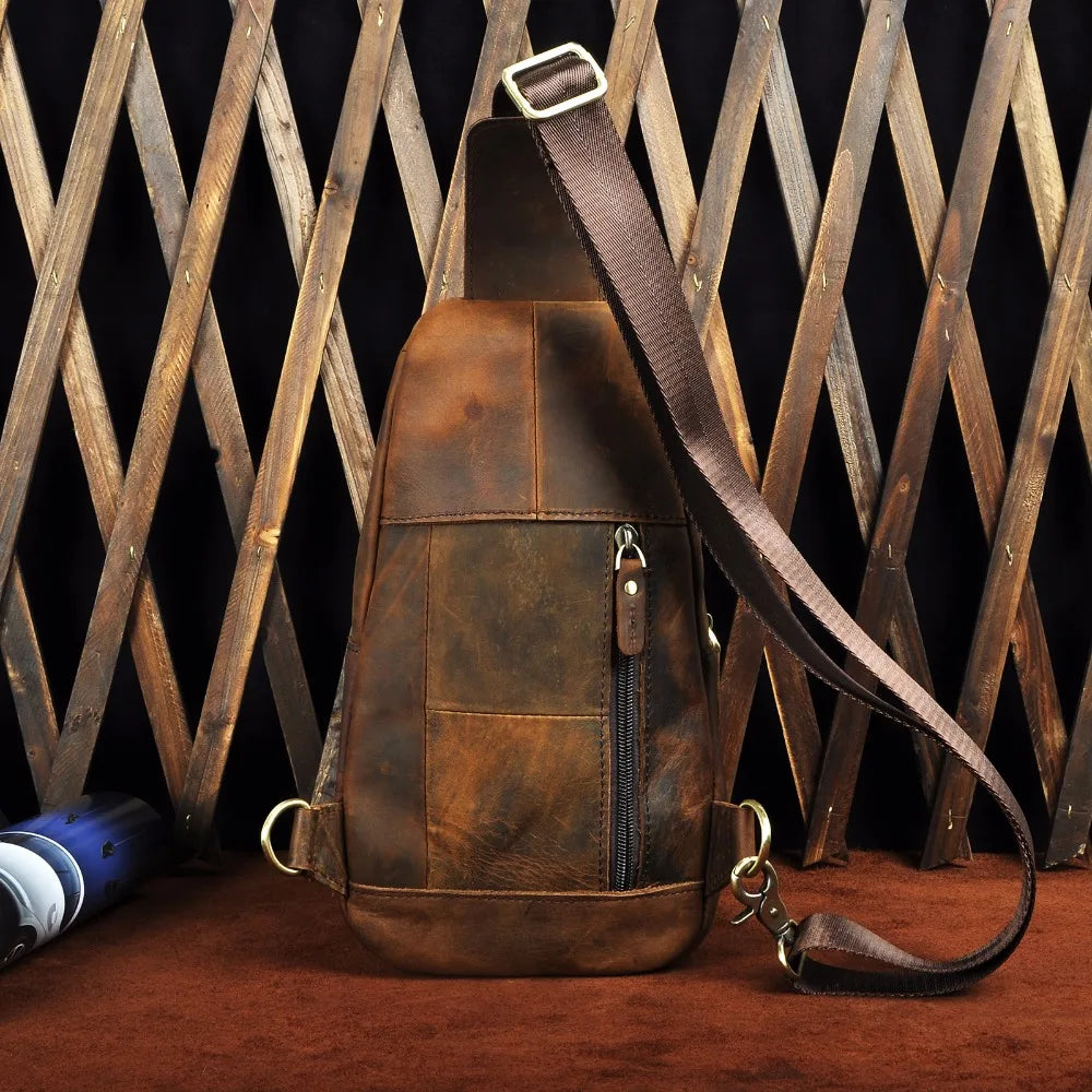 Men Quality Cow Leather Casual Fashion Triangle Crossbody Chest Sling Bag Design Travel One Shoulder Bag Daypack Male 8013