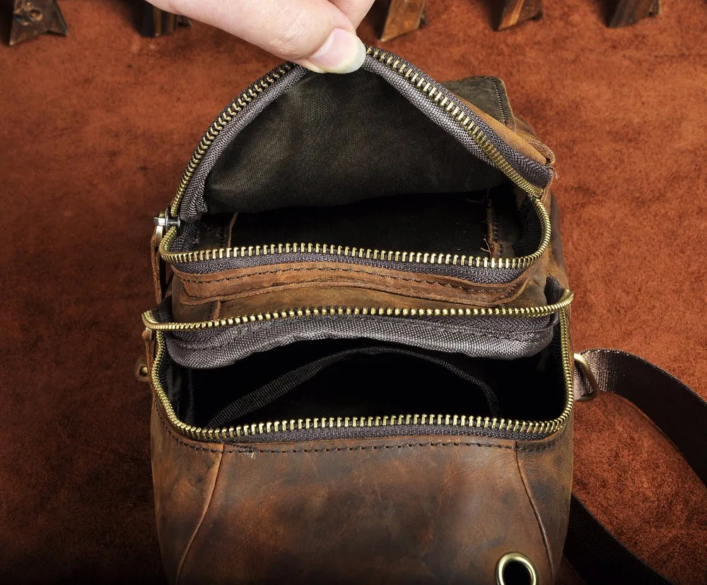 Men Quality Cow Leather Casual Fashion Triangle Crossbody Chest Sling Bag Design Travel One Shoulder Bag Daypack Male 8013