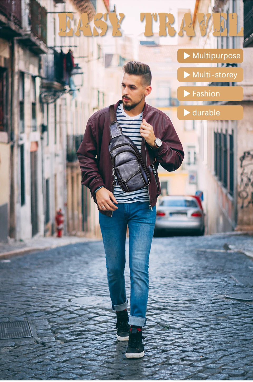 Men Quality Cow Leather Casual Fashion Triangle Crossbody Chest Sling Bag Design Travel One Shoulder Bag Daypack Male 8013