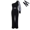 3xl  2xl Latest Design Jumpsuit Women Diagonal Shoulder Single Sleeve Sexy High Waist Wide Leg Jumpsuit for Women With Belt