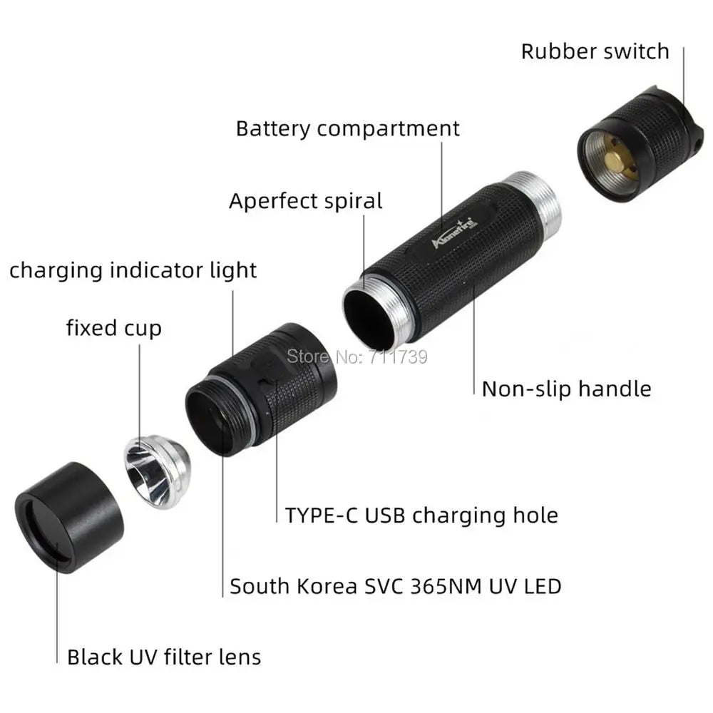 SV005 10W 365nm UV Flashlight USB Rechargeable Ultraviolet Invisible USB Torch Pet Urine Stains Ore Scorpion Detection Lamp