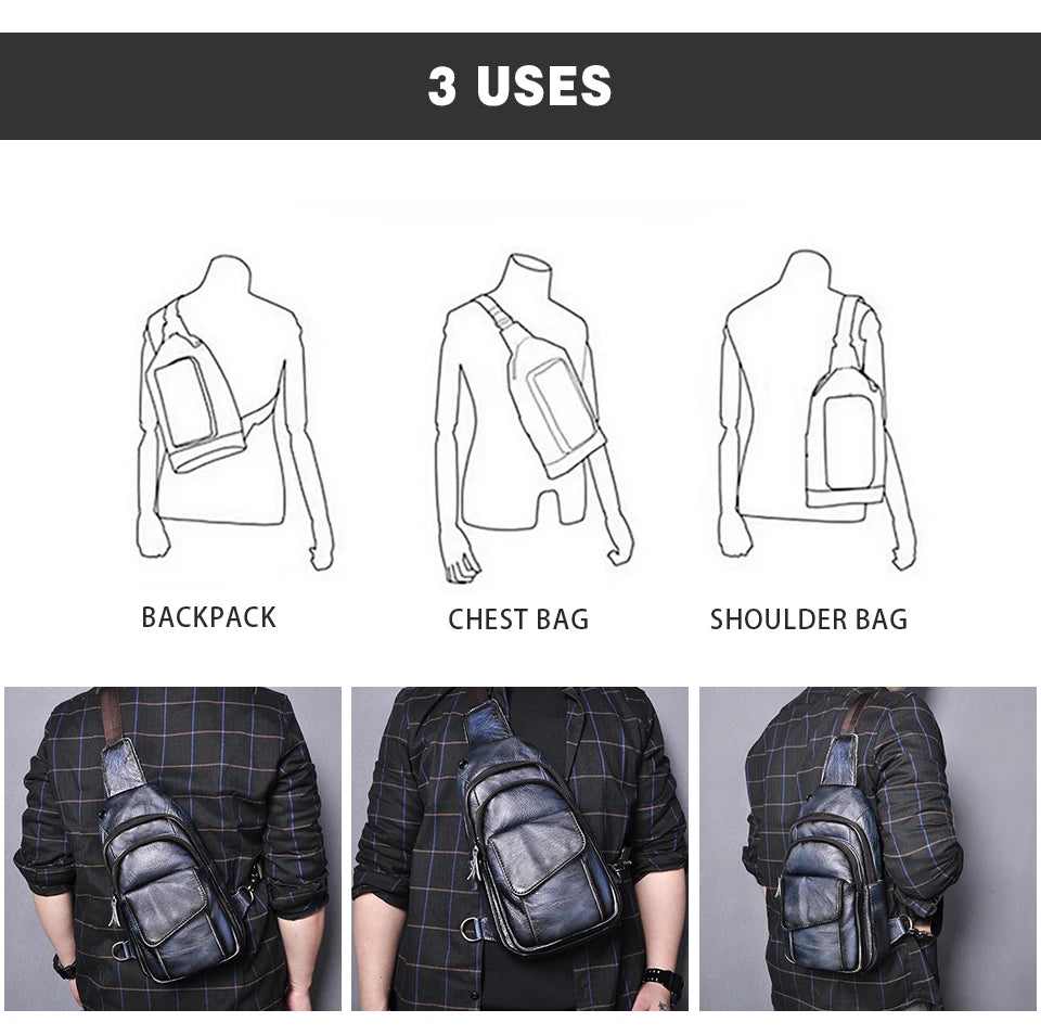 Men Quality Cow Leather Casual Fashion Triangle Crossbody Chest Sling Bag Design Travel One Shoulder Bag Daypack Male 8013