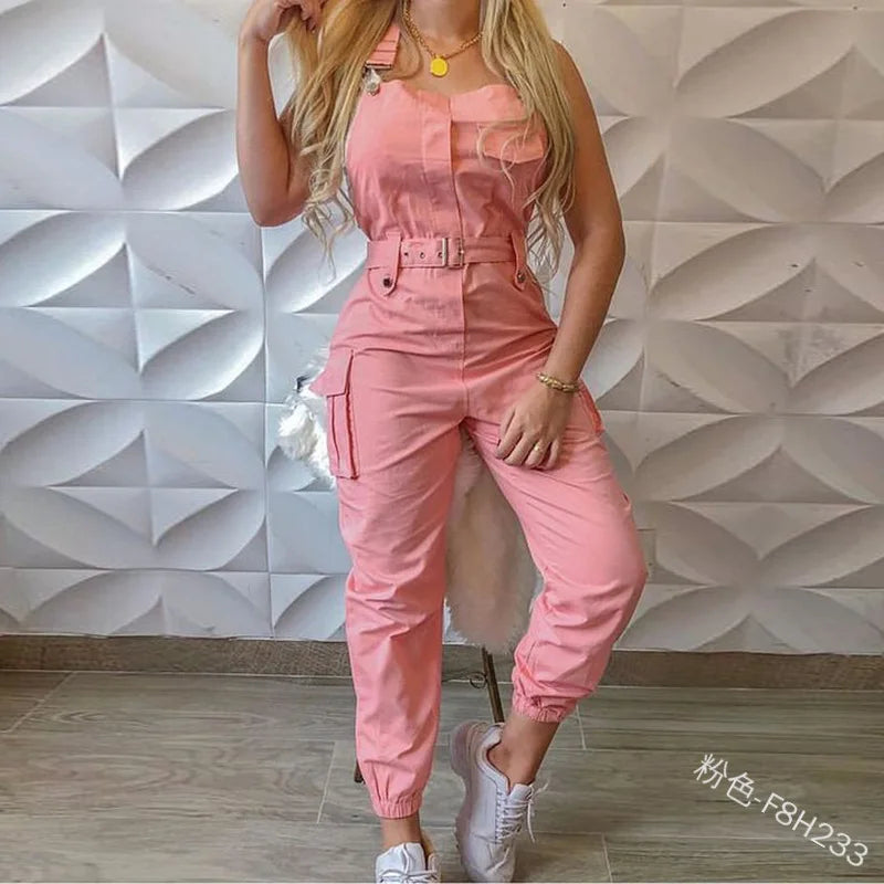 Women's Summer Loose Jumpsuit with Halter Collar Casual Workout Playsuits with Solid Pockets Cargo Pants and Long Rompers