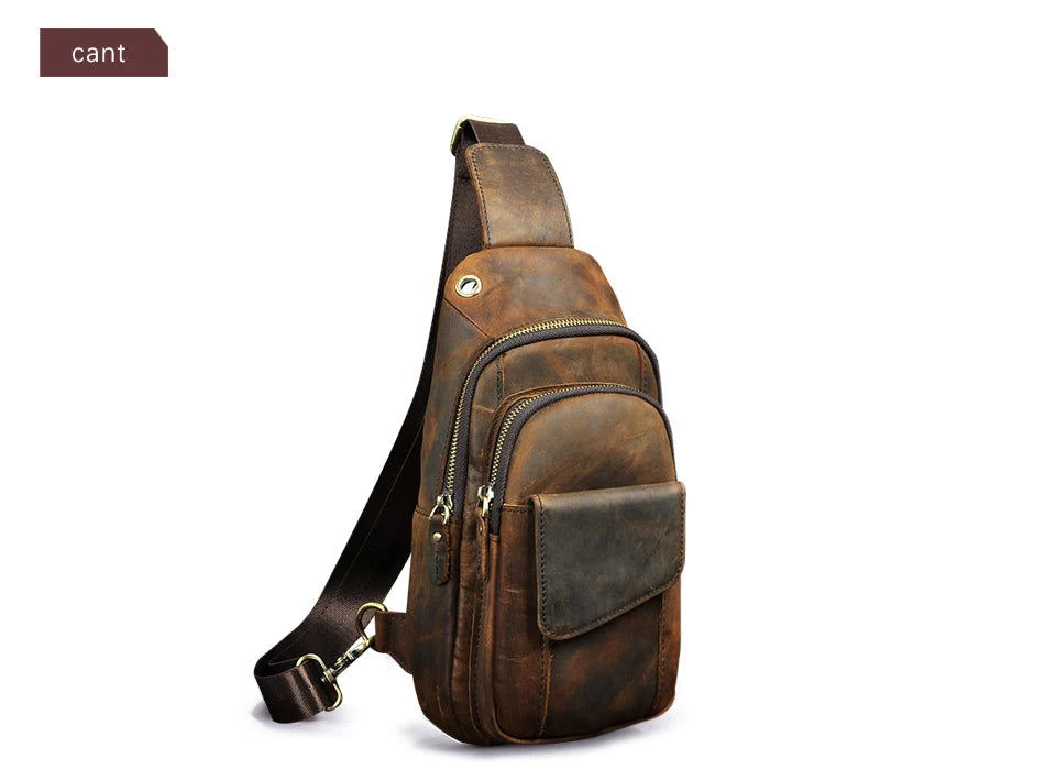 Men Quality Cow Leather Casual Fashion Triangle Crossbody Chest Sling Bag Design Travel One Shoulder Bag Daypack Male 8013
