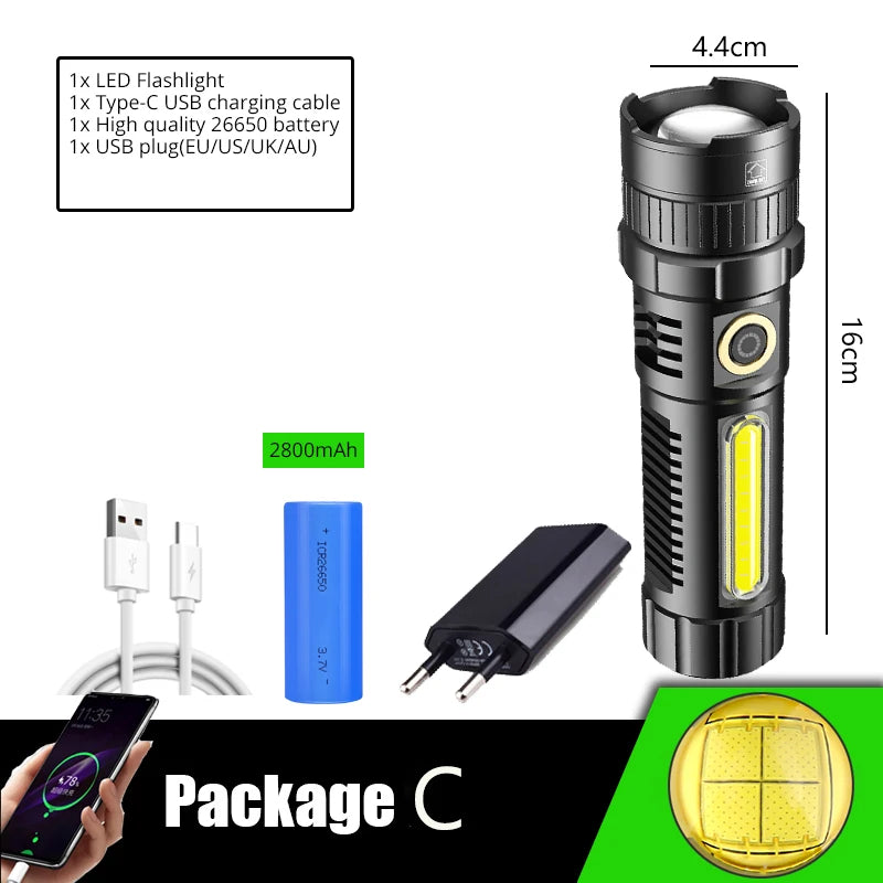 POCKETMAN XHP70 LED Flashlight USB Rechargeable Flashlights Zoomable Torch Waterproof Torch with COB Side Light