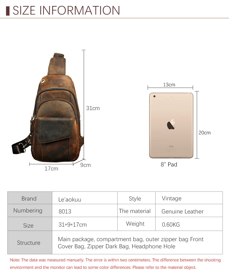 Men Quality Cow Leather Casual Fashion Triangle Crossbody Chest Sling Bag Design Travel One Shoulder Bag Daypack Male 8013