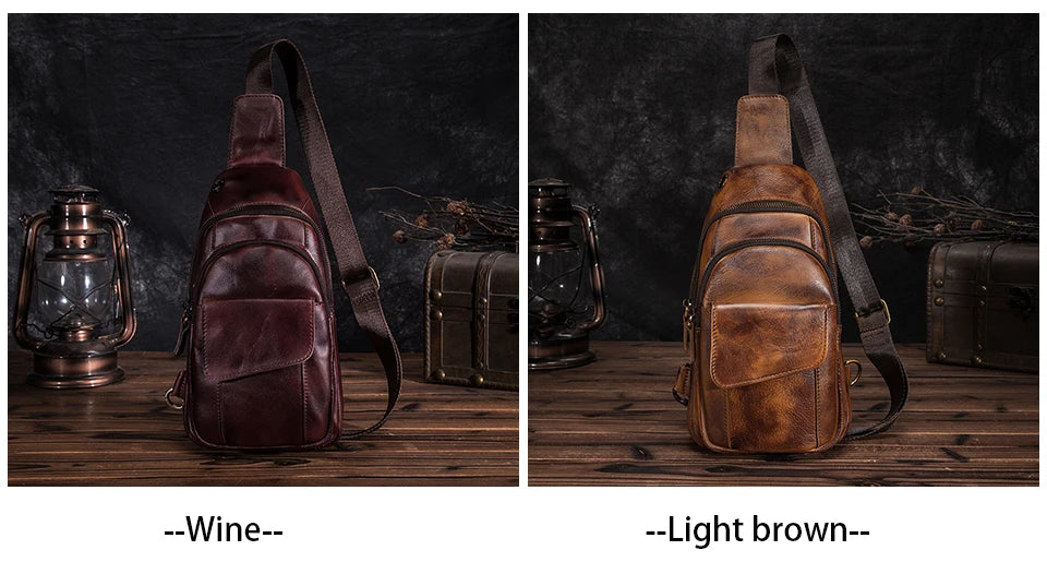 Men Quality Cow Leather Casual Fashion Triangle Crossbody Chest Sling Bag Design Travel One Shoulder Bag Daypack Male 8013