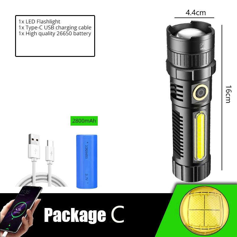 POCKETMAN XHP70 LED Flashlight USB Rechargeable Flashlights Zoomable Torch Waterproof Torch with COB Side Light