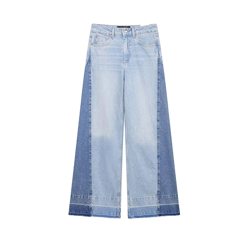 Chic Women's Side Patchwork Denim Jeans Pant High Waist Wide Leg Baggy Pants For Woman 2025 New Casual Daily Streetwear Trousers