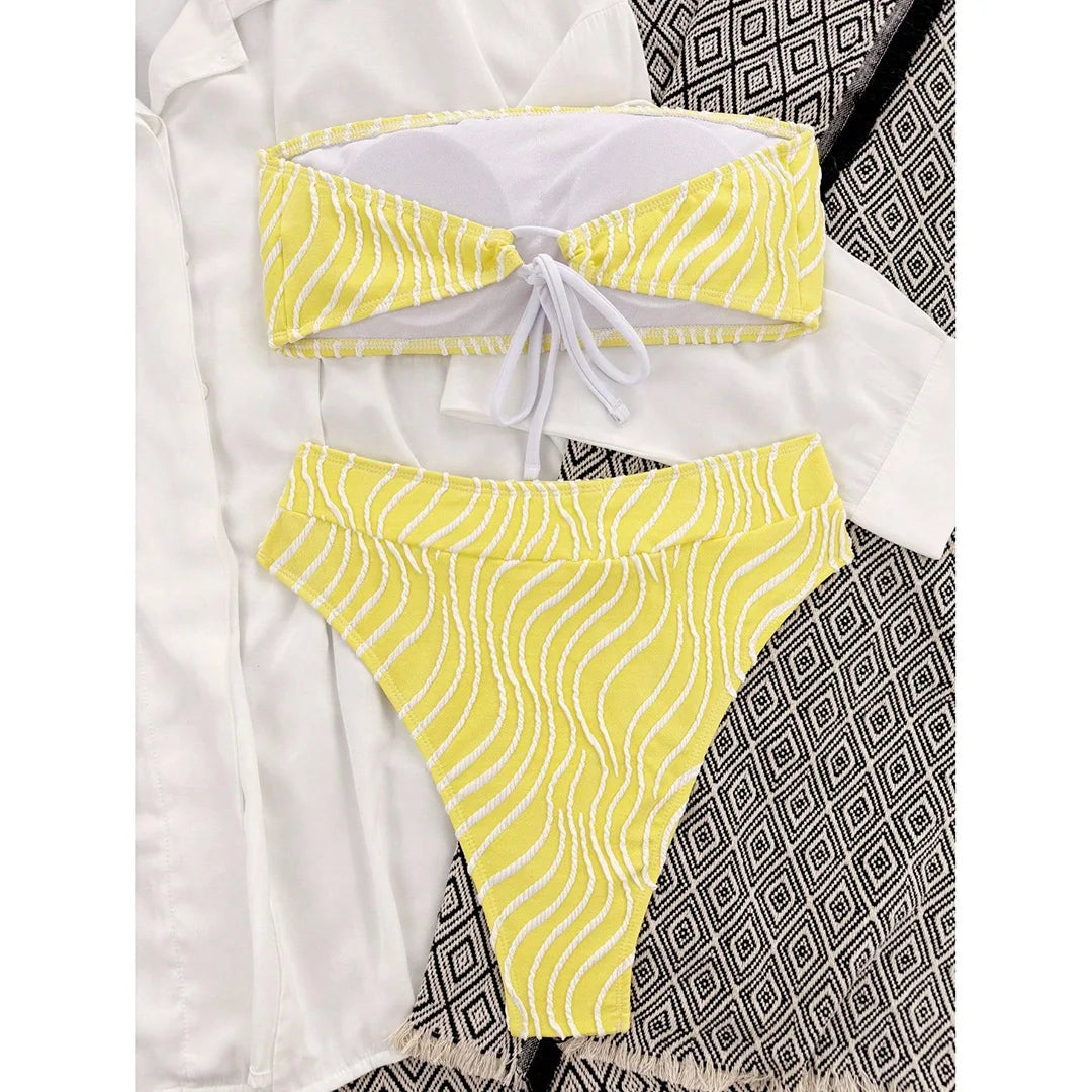 Sexy Wave Striped Bandeau High Waist Bikini Female Swimsuit Women Swimwear Two-pieces Bikini set Bather Bathing Suit Swim K5445