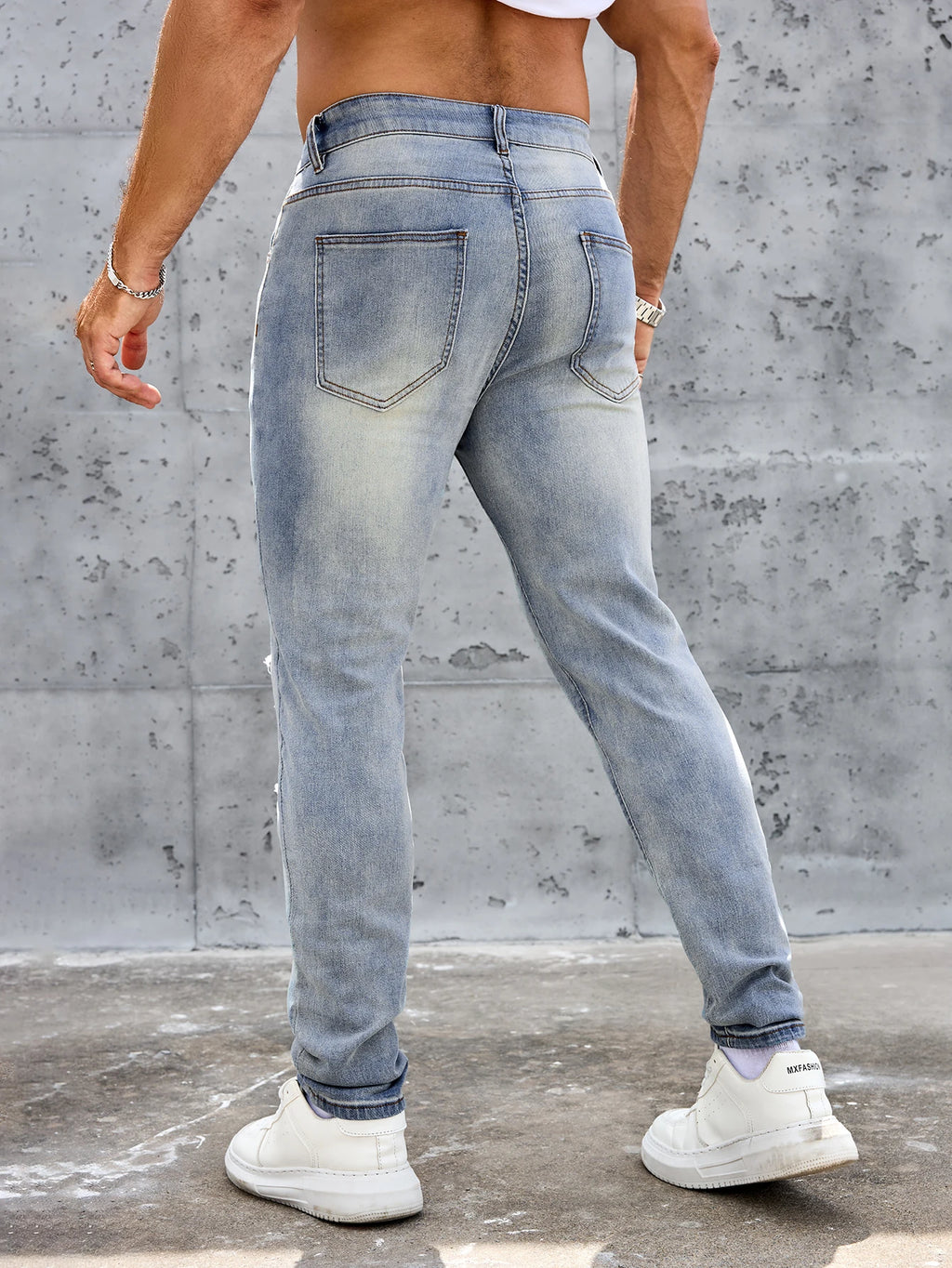 Men's Casual Slim Fit Stretch Jeans-Ripped Blue Denim Trousers Spring and Summer Pants Elastane Fabric