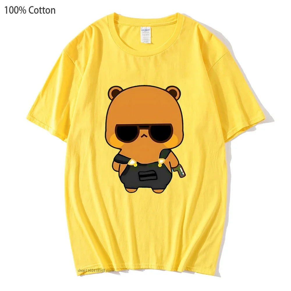 Cute Dudu and Bubu Dudu Like Spy Officer In Black T-Shirts 100% Cotton Clothes Panda and Brownie Bear Tees Men Women Couple Tops