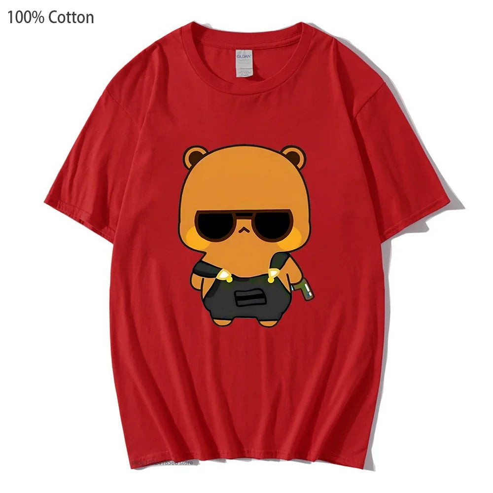 Cute Dudu and Bubu Dudu Like Spy Officer In Black T-Shirts 100% Cotton Clothes Panda and Brownie Bear Tees Men Women Couple Tops