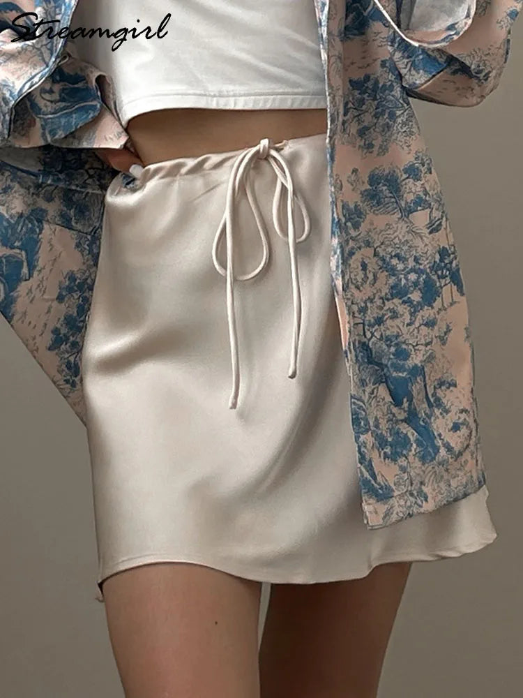 Satin Mini Skirts Women Summer Beige Silk Short Skirt For Woman Drawstring High Waist Black Satin Skirt A Line Women Short 2026