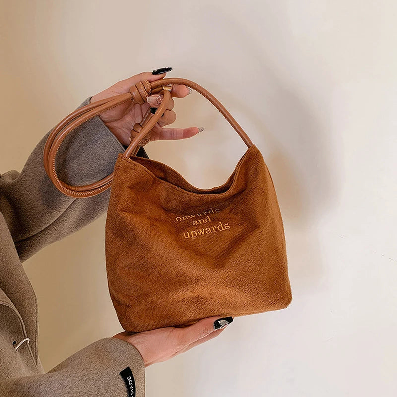 Suede Handbag Casual Rope Buckle Design Multicolor Shoulder Bag Adjustable Straps Tote Work Crossbody Bucket Bag