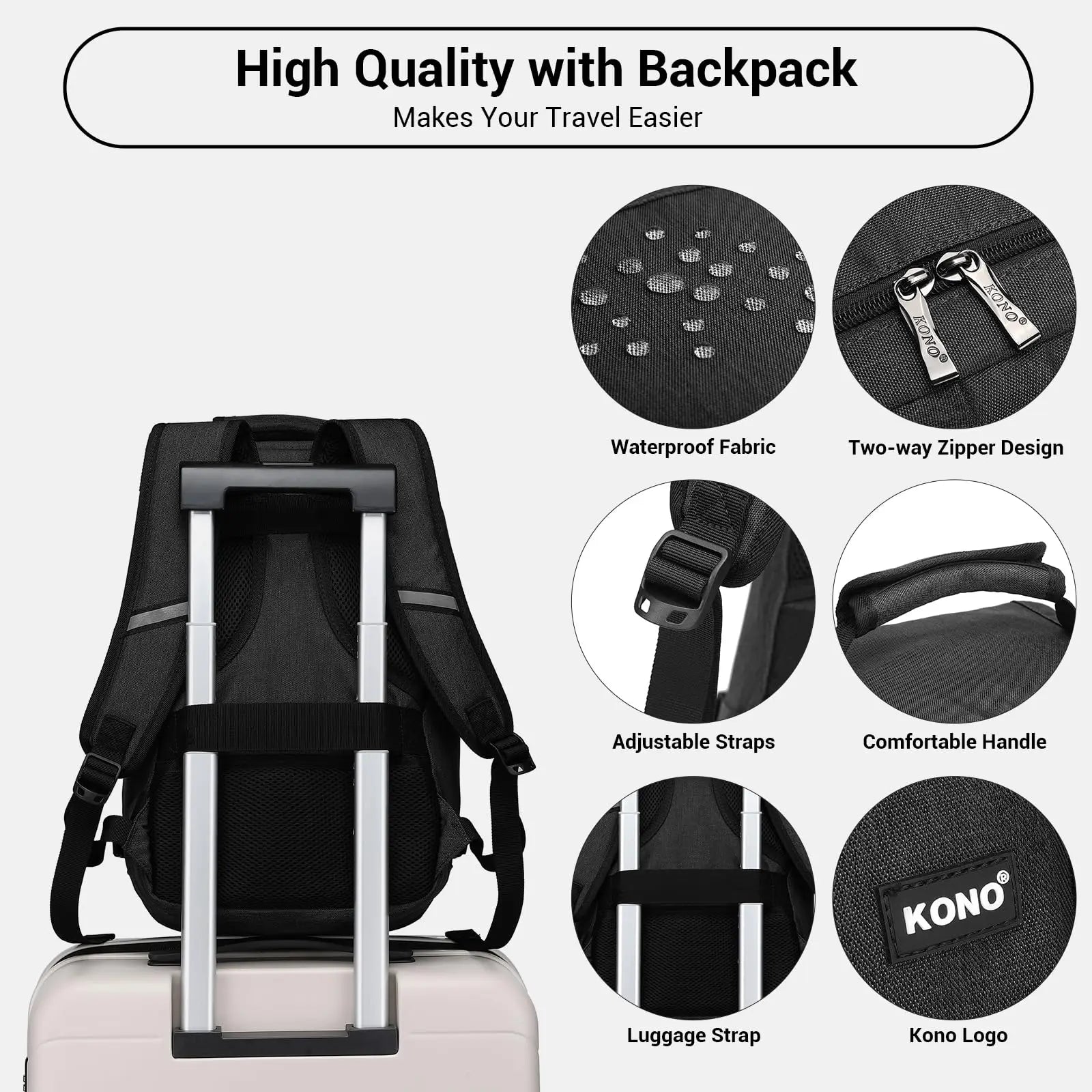 Kono Cabin bag 40x20x25 cm for Ryanair Under Seat hand luggage Backpack, Cabin Size 20L Black Minimalist