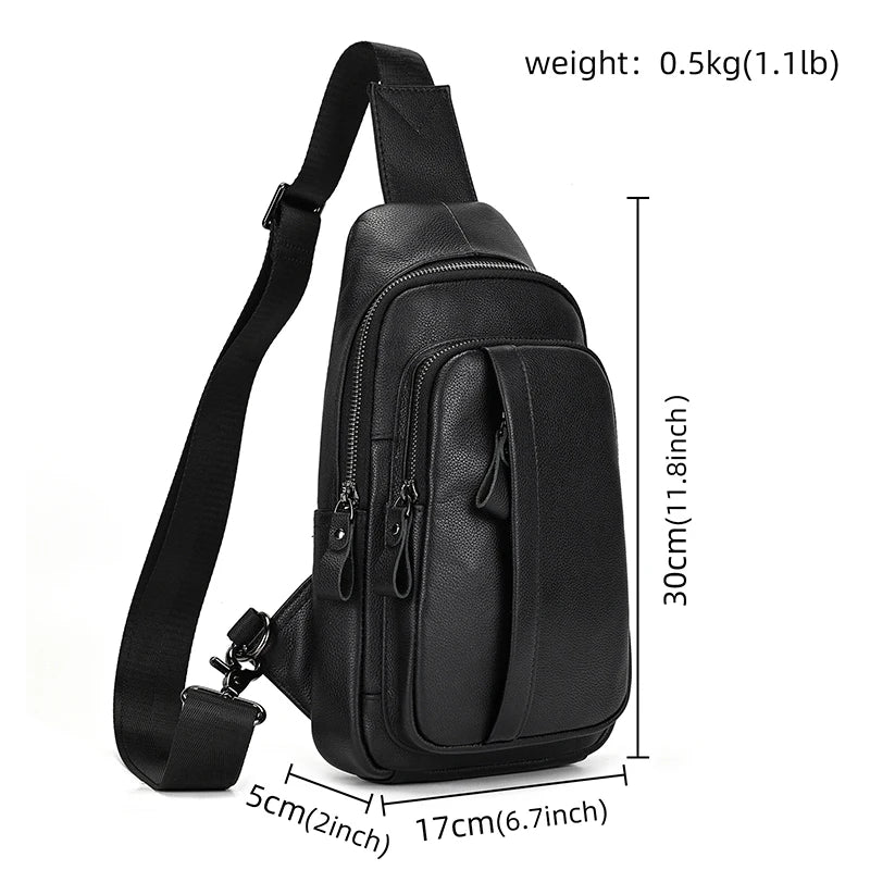 Mans 100% Genuine Leather Sling Bag Men Messenger Bags for Men Black Chest Bags for Phone Casual Sport Shoulder Bag