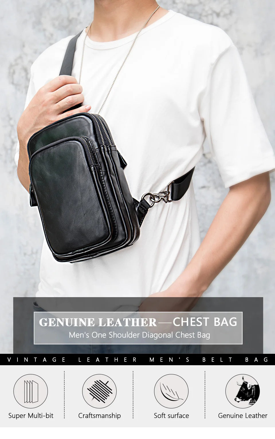 Mans 100% Genuine Leather Sling Bag Men Messenger Bags for Men Black Chest Bags for Phone Casual Sport Shoulder Bag