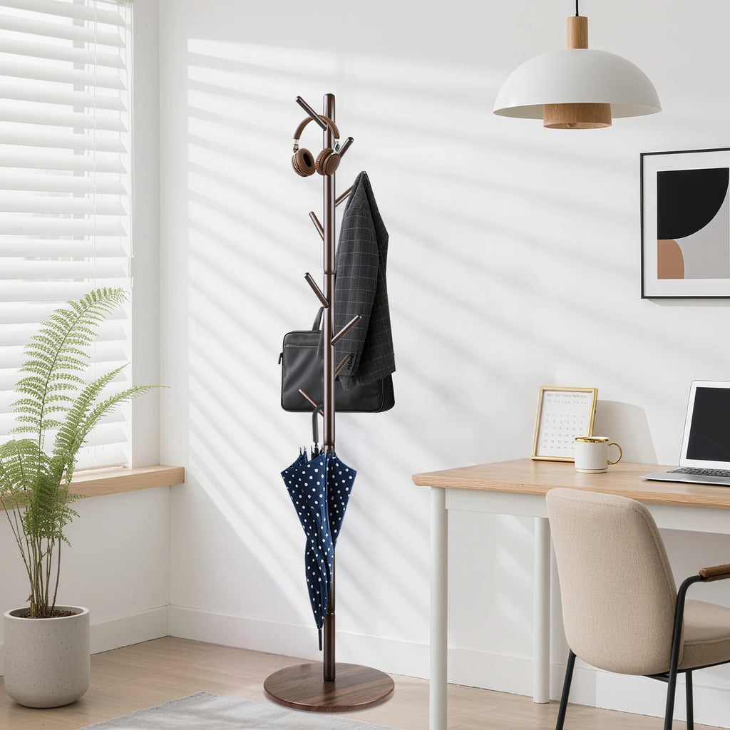 Solid Wood Coat Racks Stand Adjustable Height Clothes Hanger 8 Hook for Home Entryway Clothes Hat Scarves Handbags Rack