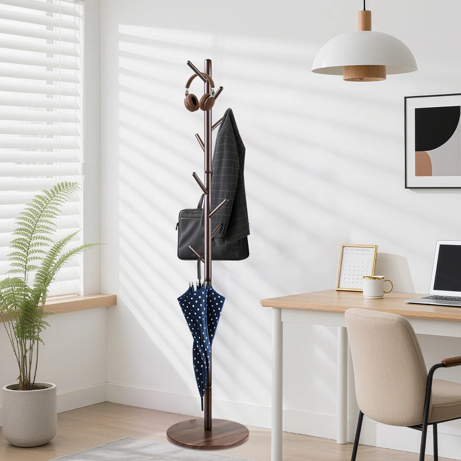 Solid Wood Coat Racks Stand Adjustable Height Clothes Hanger 8 Hook for Home Entryway Clothes Hat Scarves Handbags Rack