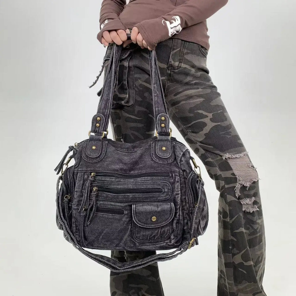 Y2K Street Personalized Women's Multi Pocket Shoulder Bag Large Capacity Retro Motorcycle Tote Bag