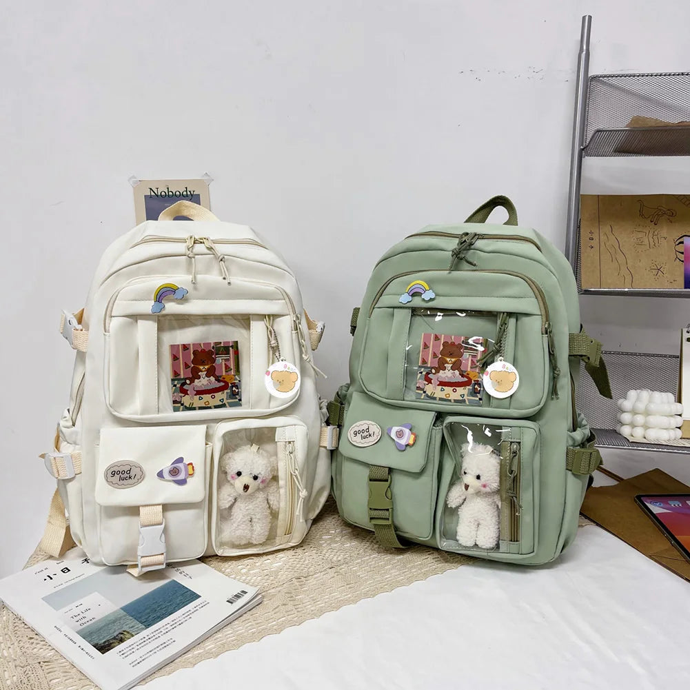 Woman Backpack Fashion College Student Rucksack Nylon with Plush Pendant Pin Kawaii Large Capacity Japanese Style for Teen Girls
