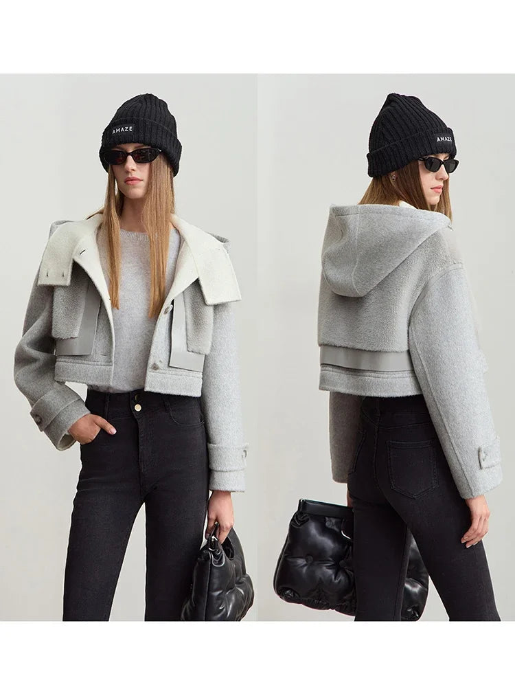 Amii Minimalist 2025 Winter Women's Jacket Hooded Splicing Zipper PU Leather Loose Long Coat Two Wear Wool Coats 12444138