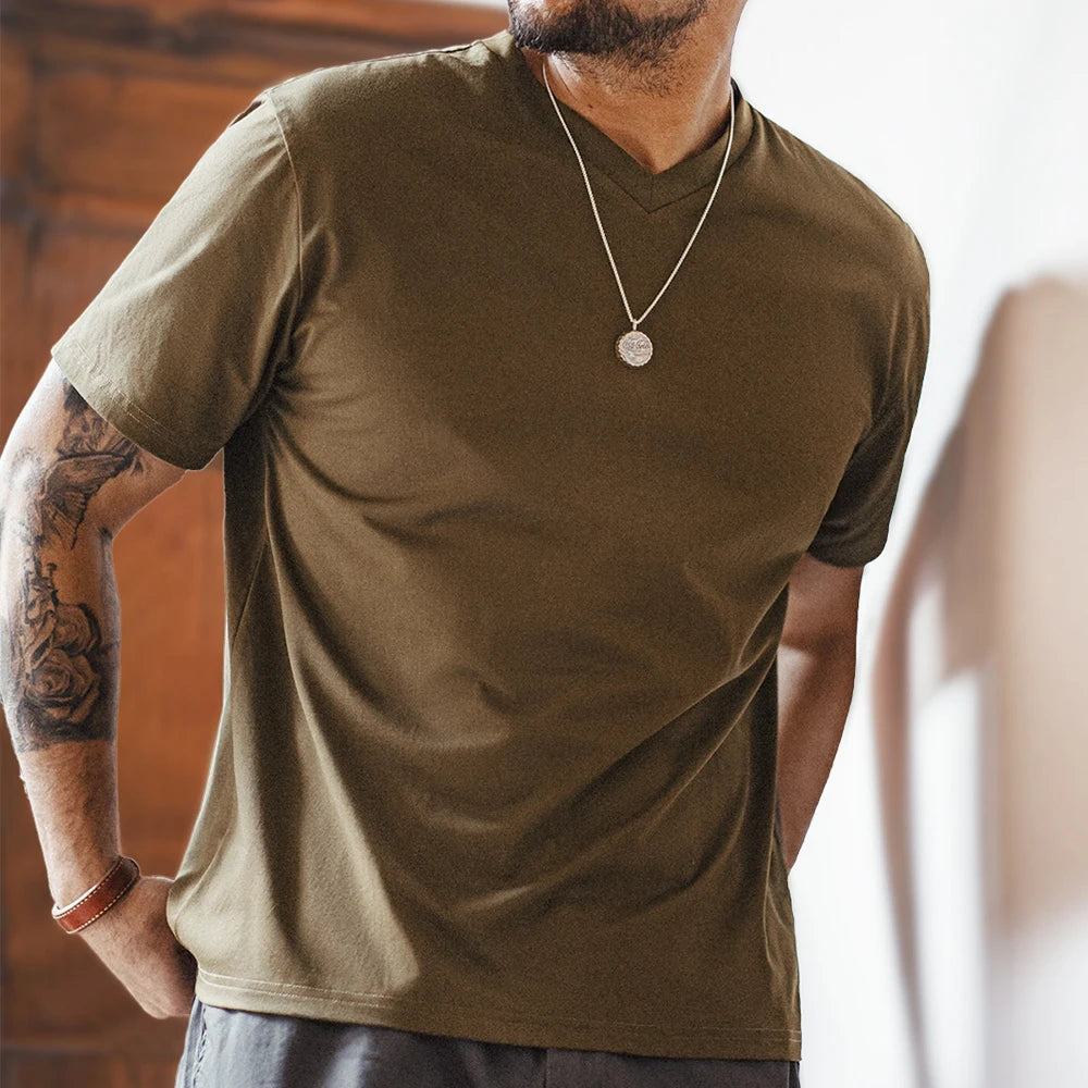 Maden Sorona Quick-drying Sweat-absorbent and Cool Short-sleeved T-shirt V-neck Solid Color Daily Versatile Top for Men's Summer