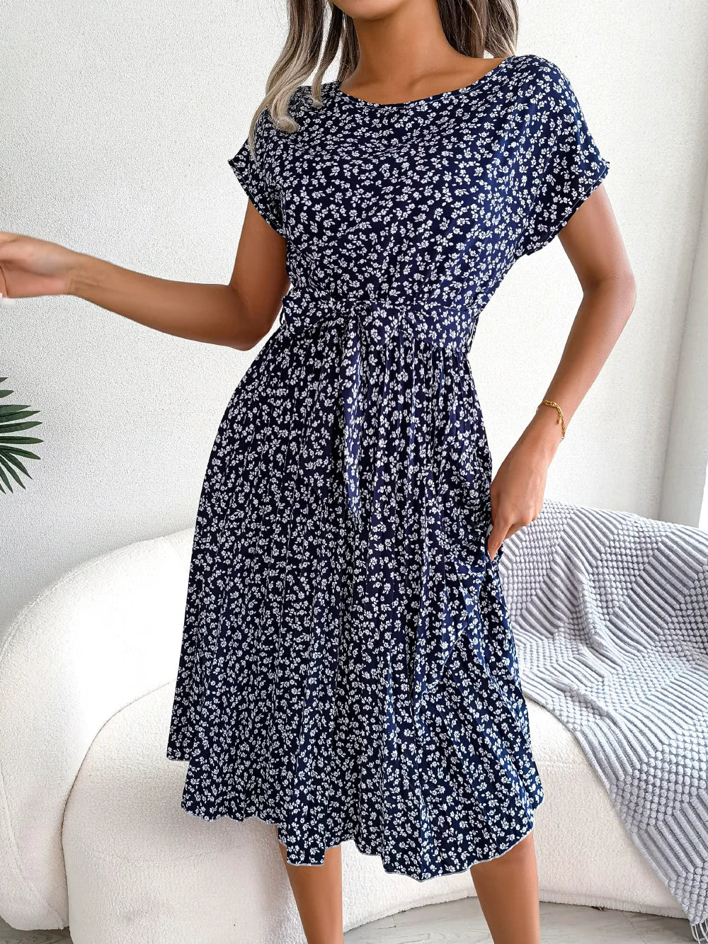 Women's Floral Pleated A Line Long Dress, Short Sleeve, High Waist, Chic, Spring, Summer
