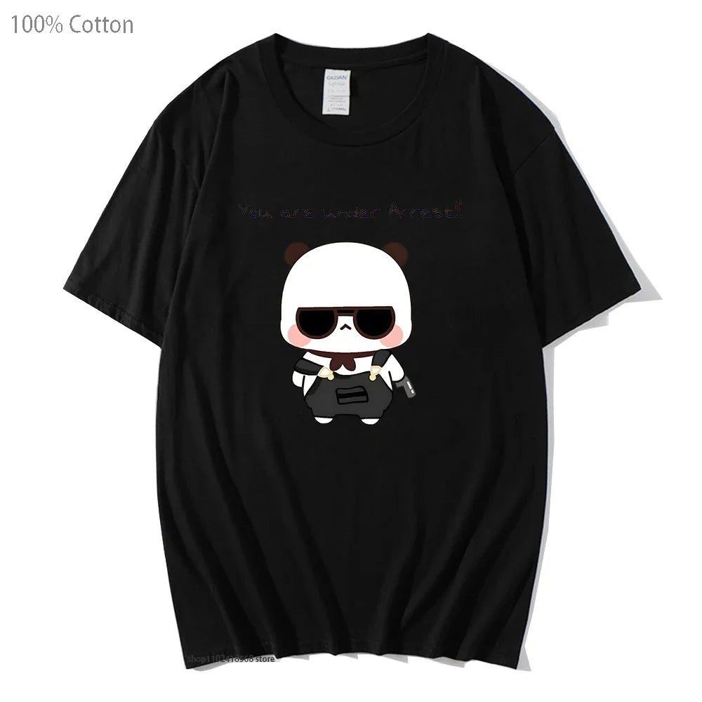 Cute Dudu and Bubu Dudu Like Spy Officer In Black T-Shirts 100% Cotton Clothes Panda and Brownie Bear Tees Men Women Couple Tops