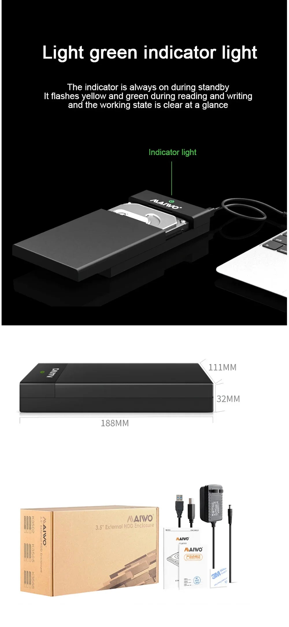 MAIWO 2.5 3.5 Inch SATA HDD Enclosure USB3.0 to SATA Hard Drive Case Adapter 24TB Capacity Support UASP High Speed for PC Laptop