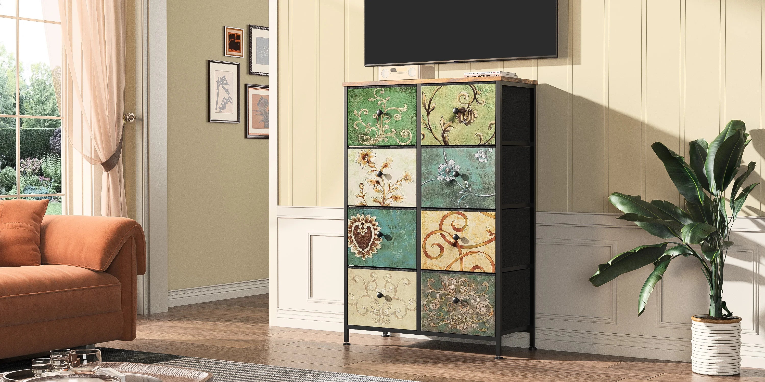 Rosahqnda Vintage Cabinet with fabric Drawers TV Stand Chest of Drawers for Living Room Dining Room Bedroom Iron Frame