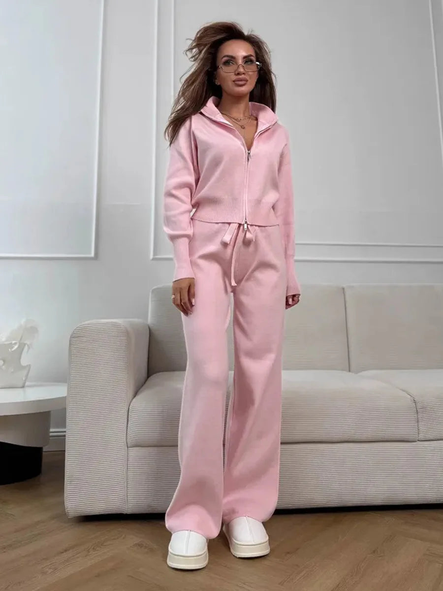 Bornladies Women's New Knit Zip Up Cardigan Wide Leg Pants Set Soft Fabric Cropped Elastic Waist Autumn Winter Fashion Sweater