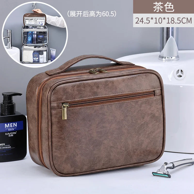 Zipper PU Leather Men Business Portable Storage Bag Toiletries Organizer Women Travel Cosmetic Bag Hanging Waterproof Wash Pouch