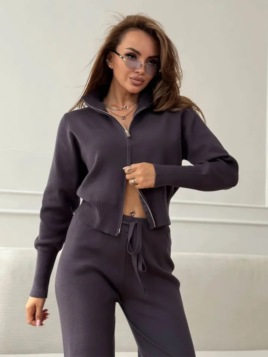 Bornladies Women's New Knit Zip Up Cardigan Wide Leg Pants Set Soft Fabric Cropped Elastic Waist Autumn Winter Fashion Sweater