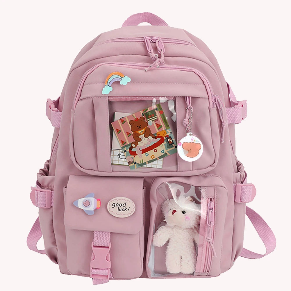 Woman Backpack Fashion College Student Rucksack Nylon with Plush Pendant Pin Kawaii Large Capacity Japanese Style for Teen Girls