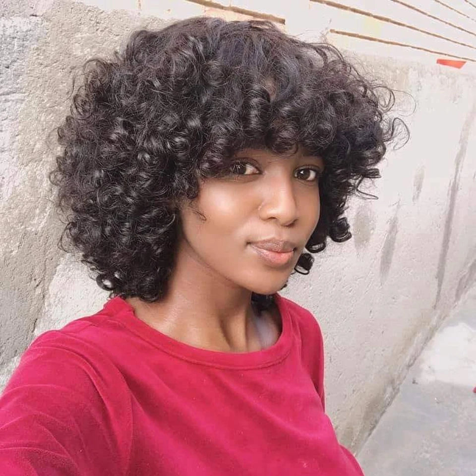 Mongolian Afro Kinky Curly Hunan Hair Wigs With Bangs Full Machine Made Wig 250 Density Remy Brazilian Short Curly Bangs Wig