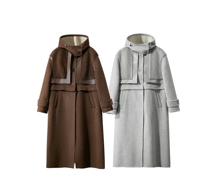Amii Minimalist 2025 Winter Women's Jacket Hooded Splicing Zipper PU Leather Loose Long Coat Two Wear Wool Coats 12444138