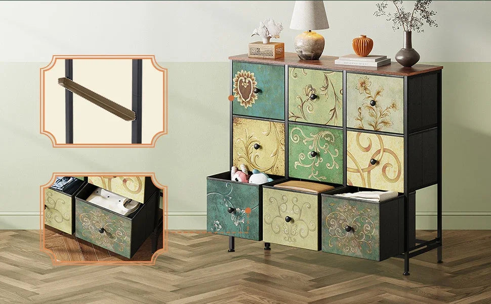 Rosahqnda Vintage Cabinet with fabric Drawers TV Stand Chest of Drawers for Living Room Dining Room Bedroom Iron Frame