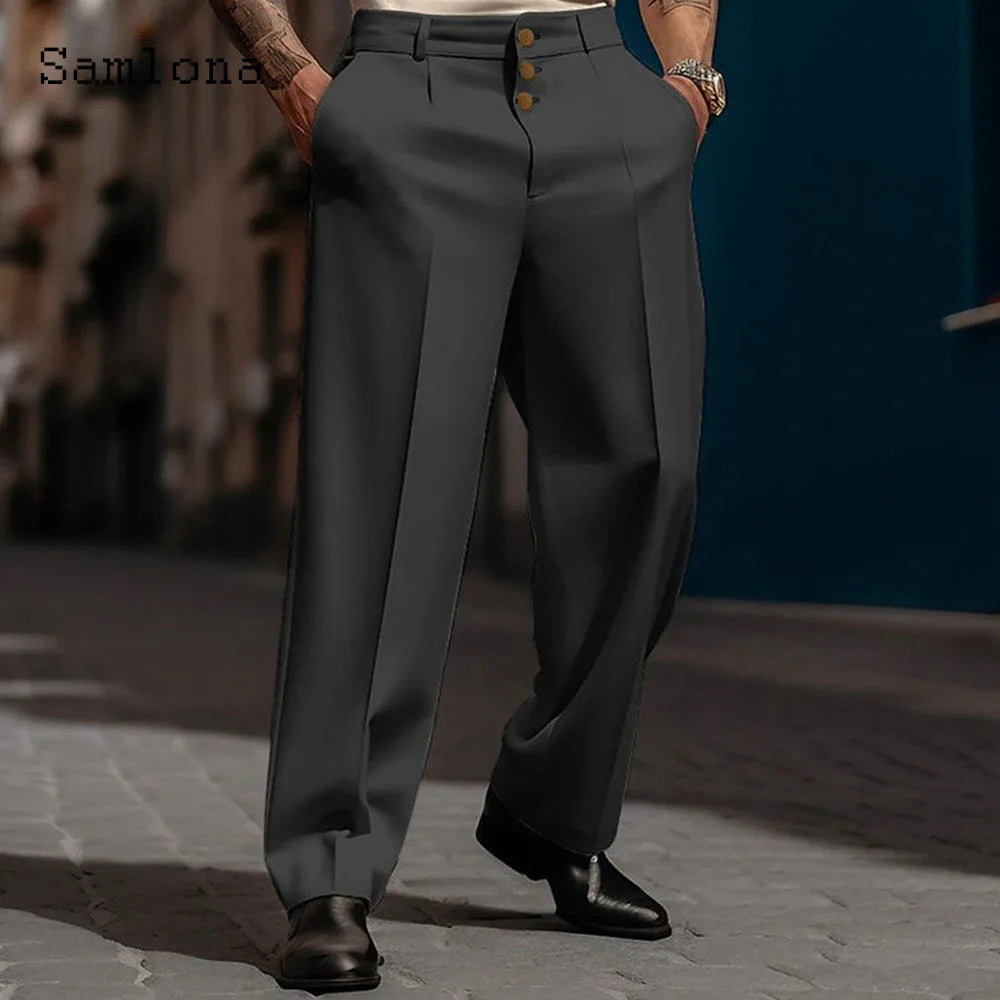 2023 Men's Stand Pocket Elegant Wide Leg Pants Solid White Party Wedding Trousers Plus Size Mens Fashion Buttons Up Suit Pants