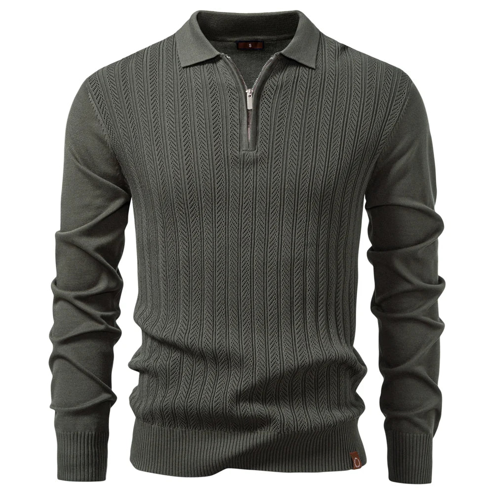 AIOPESON Zip Placket Polo Shirt Men Premium Solid Color Slim Fit Long Sleeve Textured Fabric Business Casual Autumn Winter