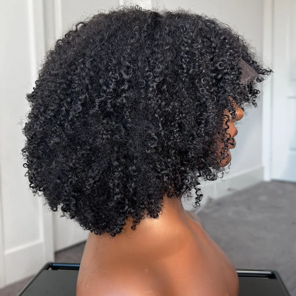 Mongolian Afro Kinky Curly Hunan Hair Wigs With Bangs Full Machine Made Wig 250 Density Remy Brazilian Short Curly Bangs Wig