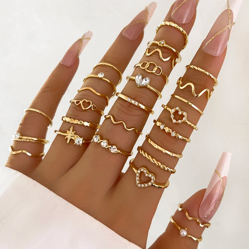 28pcs/Set Fashionable Heart Love Star Rhinestone Simple Wave Metal Circle Hollow Geometric Multi-Element Style Rings For Women
