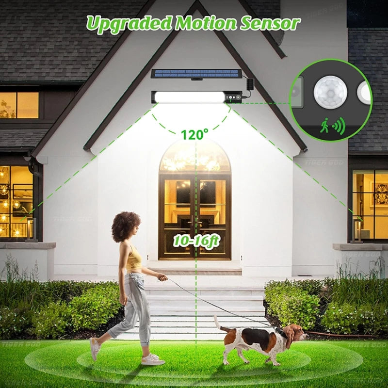 Motion Sensor LED Solar Lights with Remote - 4 Modes Waterproof LED Wall Lamp for Outdoor Garden Camping, USB/Solar Charging,