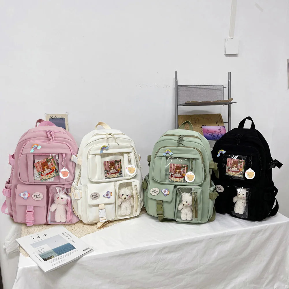 Woman Backpack Fashion College Student Rucksack Nylon with Plush Pendant Pin Kawaii Large Capacity Japanese Style for Teen Girls