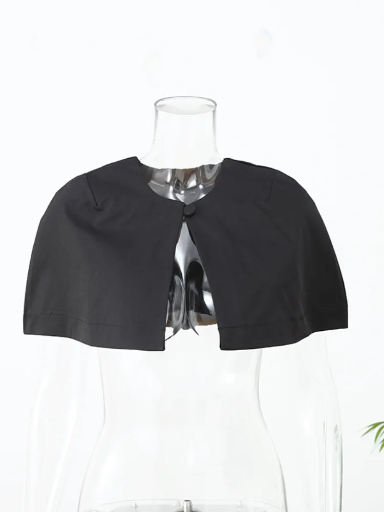 Elegant Black Turtleneck Cloak Tops Women Solid Short Sleeve Waist Cinching A-line Short Top 2026 Lady Spring Street Outwear