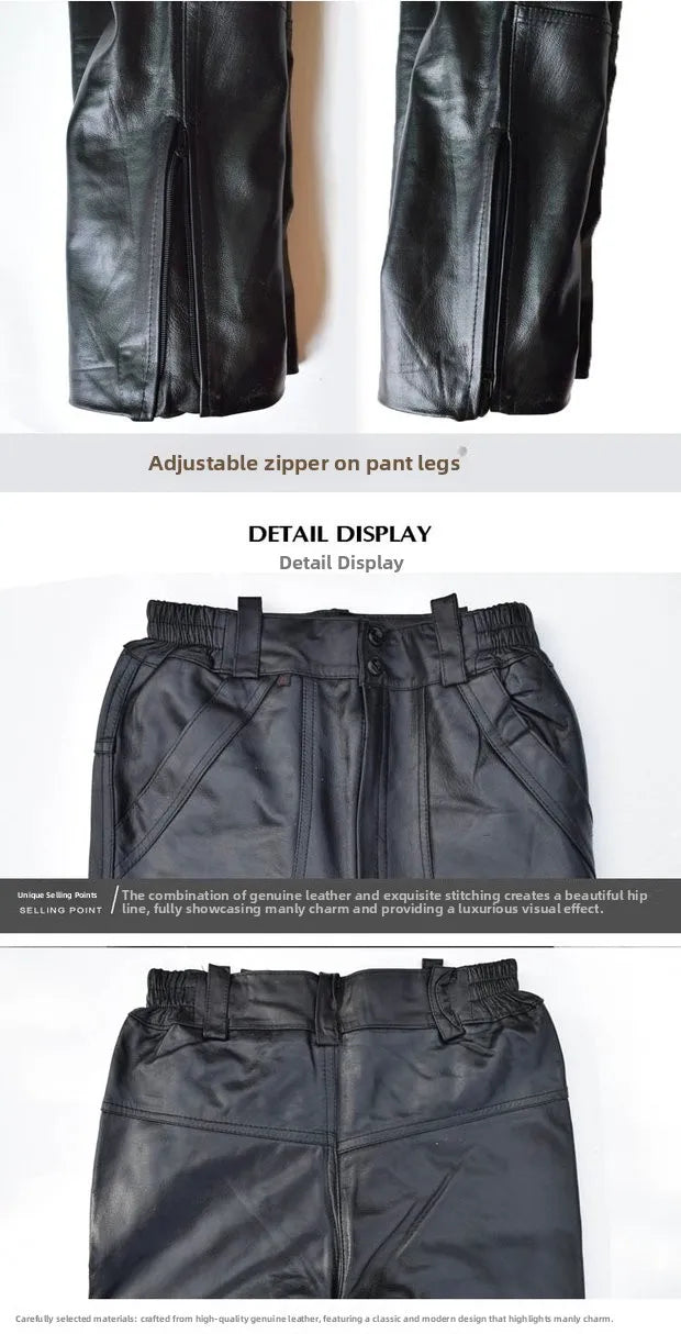 Leather Motorcycle Pants Men's Sheepskin Top Layer Loose Casual Trousers Autumn Winter High Waist Deep Crotch Business Scenarios