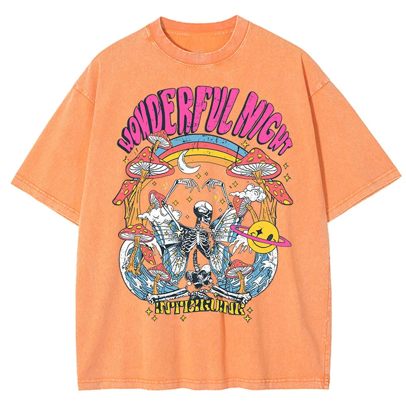 Wonderful Night Skeleton Butterfly Wave Print Womens T-Shirts Fashion Oversized Tops Street Comfortable Clothing Loose Wash Tee