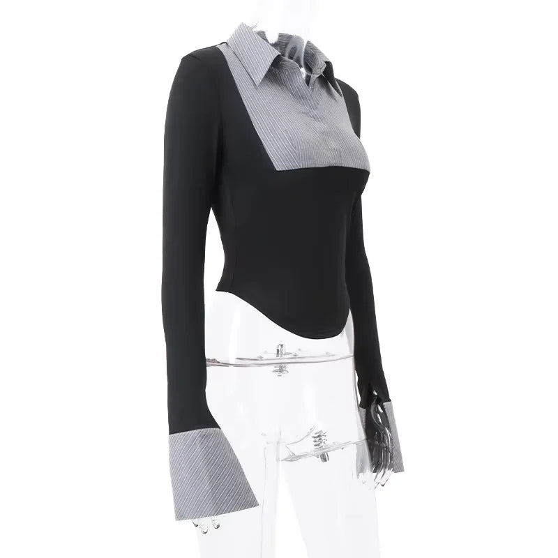 2025 Autumn Striped Polo Collar Contrast Crop Top Slim Fit Bodycon Knit Tops - Spicy Girl Outfits for Club/Streetwear/Daily Wear