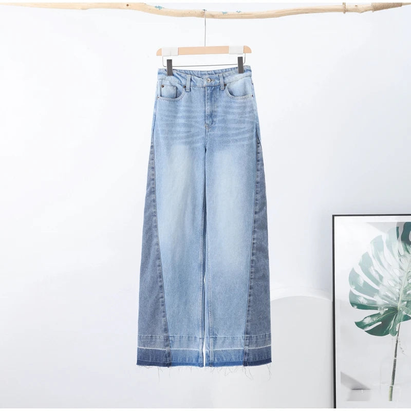 Chic Women's Side Patchwork Denim Jeans Pant High Waist Wide Leg Baggy Pants For Woman 2025 New Casual Daily Streetwear Trousers